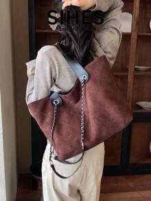 1pc Solid Color Suede New Women's Backpack, Shoulder Bag, Handbag, Fashion Large Capacity Tote Bag, Suitable For Commuting, Shopping, Dating, Shopping - Coffee - View 6
