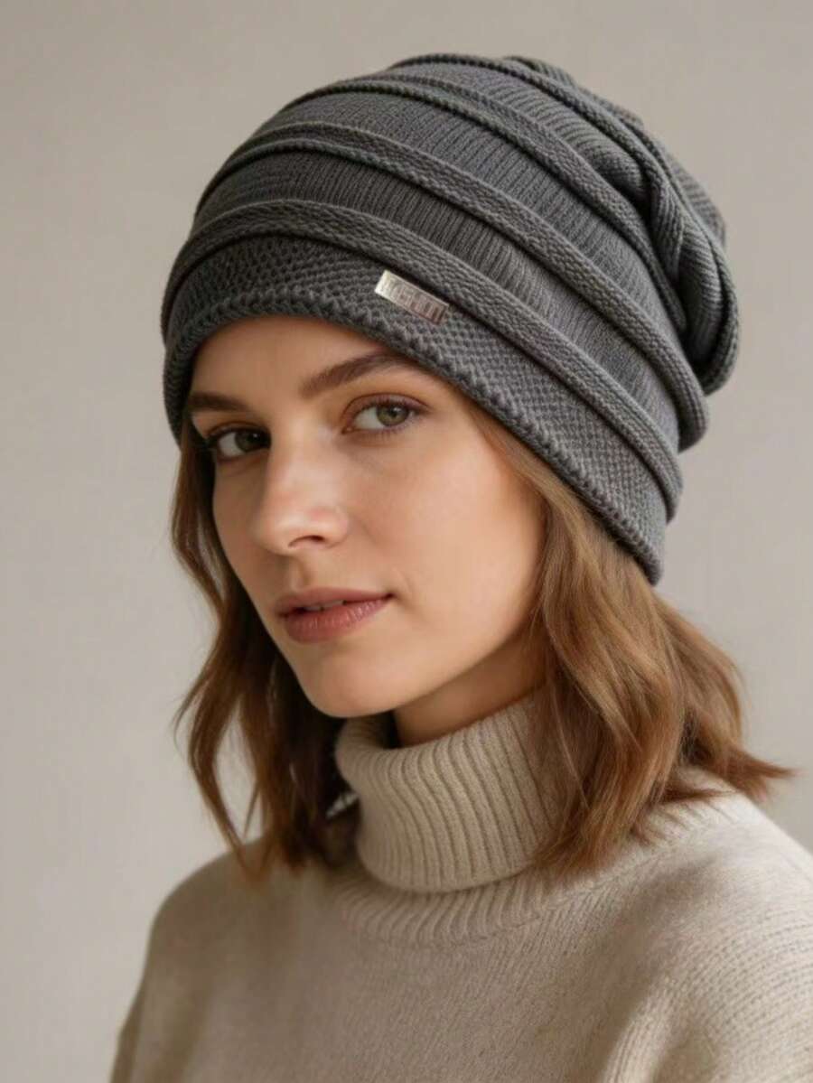 Loose Thick Knit Slouchy Beanie Hat For Women, Autumn/Winter Thermal Lined Warm Woolen Cap With Ear Protection, Cold-Proof Pull-On Hat For Men - Multicolor - View 1