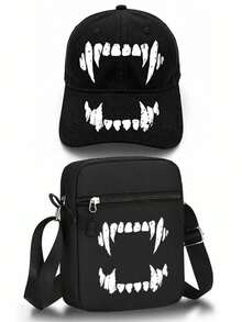 1pc/2pcs Halloween Vampire Fangs Print Baseball Hat & Crossbody Bag Set, Unisex Gothic Streetwear Accessories For Men Women, Fall Winter - Multicolor - View 16