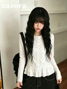 Korean Style Button Polka Dot Round Neck Ruffle Long Sleeve T-Shirt, Ballet Style Casual Versatile Loose Top For Early Autumn - White - View 9
