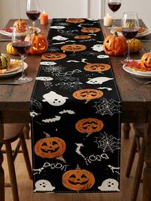 1pc Halloween Linen Table Runner, Black Gothic Rectangular Table Decor With Pumpkin, Ghost, Spider Web, Bat And Boo Print, Spooky Fall Tabletop Decoration For Halloween Party, Kitchen And Home - Multicolor - View 5