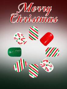 24pcs Short European-Style Square Fake Nails, Christmas Red And Green Striped Candy Cane With Polka Dots And Glitter, Full Coverage Removable Nail Set, Suitable For Parties, Proms, And Everyday Wear. - Multicolor - View 3