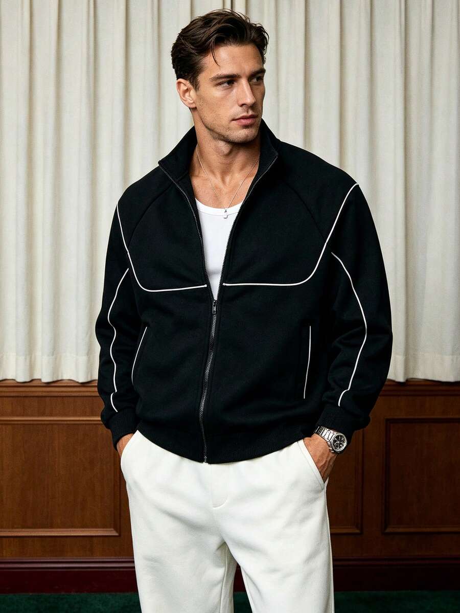 Men's Spring/Autumn Minimalist Design Line Daily Fashion Casual Stand Collar Jacket - Black - View 1