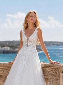 YOUKEFEIER Elegant Lace Embroidered Long Wedding Dress Suitable For Wedding Banquet With Cathedral Wedding Veil Bridal Long Veil - White - View 4