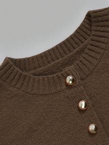 Autumn Brown Crew Neck Knit Sweater For Women Half Button Ribbed Waist Long Sleeve Soft Knit Tops Casual Fall Daily Outfits - Coffee Brown - View 4