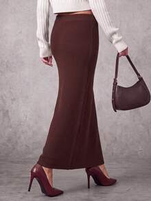 Nicenter Women's Autumn Burgundy Elegant High Waist Ribbed Knit Midi Pencil Skirt, Daily Commute Office Wear - Burgundy - View 2