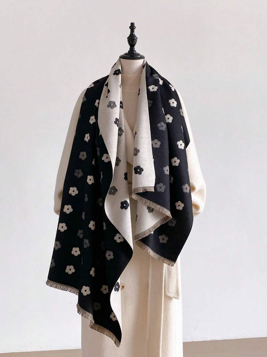 1pc Elegant Floral Pattern Jacquard Faux Cashmere Warm Scarf, Cold-Proof Neck Warmer, Women's Autumn/Winter Fashion Versatile Air Conditioning Shawl Blanket, Suitable For Daily Matching And Decorative Use - Multicolor - View 1