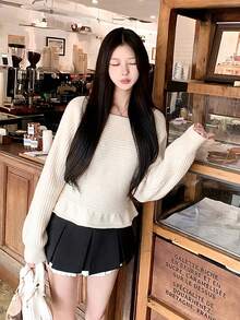 Korean Style Design Lace-Up Ruffle Waist Knit Sweater Women Autumn/Winter New Versatile Elegant Slimming Top - Apricot - View 3