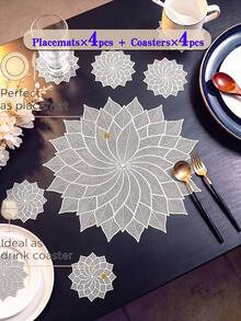 2pcs/set Hollow Out Leaf & Flower Design Pvc Table Mat And Cup Mat, Washable,easy To Clean, Anti-skid, Heat-resistant, Suitable For Dining Table, Sweet Home Decoration, Elegant Table Mat, Pvc Table Mat, Perfect For Kitchen Table Setting And Holiday Wedding Decorations - Silver - View 11