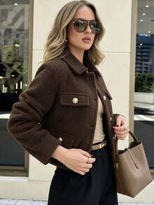 Women's Fashion Brown Woven Fabric Long Sleeve Lapel Formal Style Jacket, Gold Buttons, Suitable For Autumn/Winter Wear - Mocha Brown - View 6