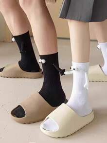 2 Pairs Black & White Magnetic Couple Socks Mid-Calf - Black and White - View 4