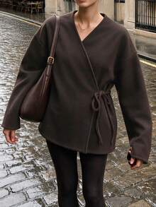 Workwear Wool Tie Waist Wool Coat Women Date Night Work Going Out Fall Winter Fashion - Coffee Brown - View 2