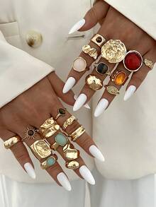 20pcs/6pcs Vintage Elegant Casual Style Women Metal Rings Inlaid With Colorful Resin Gemstones Suitable For Daily Wear, Vacation And Party Occasions, Gift Giving And Outfit Matching Exaggerated Jewelry - Gold - View 5