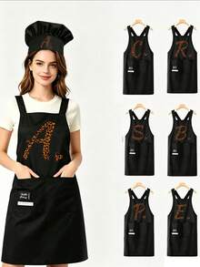 Leopard Print Letter Apron And Chef Hat Set, Fashionable Kitchen Cooking Baking Apron With Pockets, Cross Back Design Apron, Multi-Functional Home Workwear, Practical Daily Cooking Equipment Accessory, Ideal Gift For Women, Mothers, Wives, Friends, Housewarming Gift, Perfect For Home Kitchen, Baking Party, Crafting, BBQ Family Activities, Decorative Practical Kitchen Equipment, Personalized Initial Print Gear, Thoughtful Holiday Surprise Gift, Comfortable Daily Wear For Cooking And Housework - Multicolor - View 1