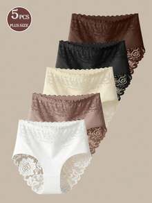 5pcs Women's Plus-Size Lace Thong: Elegant And Exquisite, Made From Soft, Comfortable Fabric, Suitable For All Seasons - Multicolor - View 5