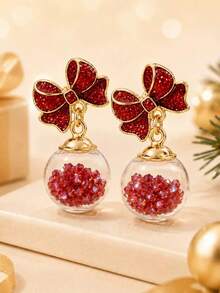 1pc Christmas Exquisite High-End Drip Oil Bow Tassel Red Green Crystal Ball Earrings Fashion Personalized Jewelry Gift Suitable For Men Women Holiday Party Daily Wear Exquisite Gift - Multicolor - View 7