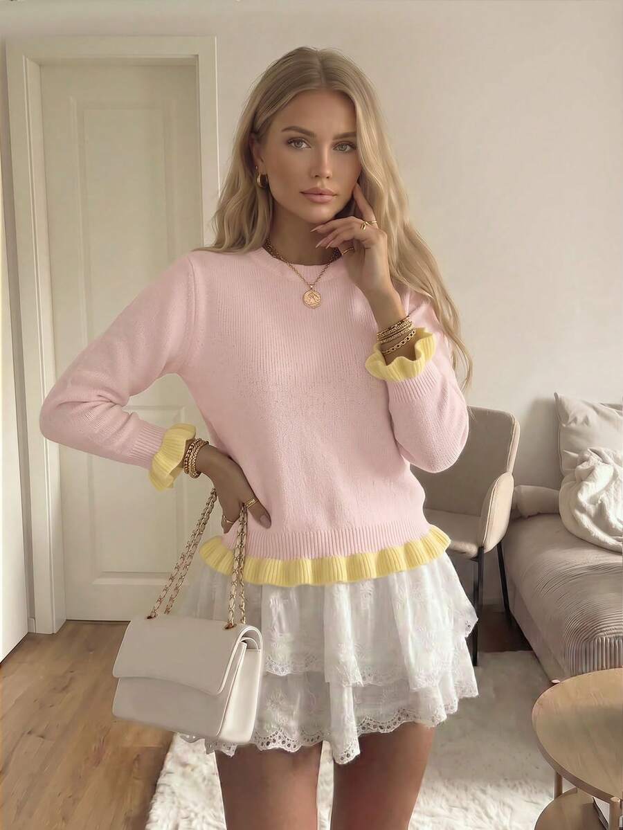 Women's Casual Brown Vintage Round Neck Long Sleeve Colorblock Ruffle Knit Pullover Sweater, Autumn/Winter Back To School Outfit