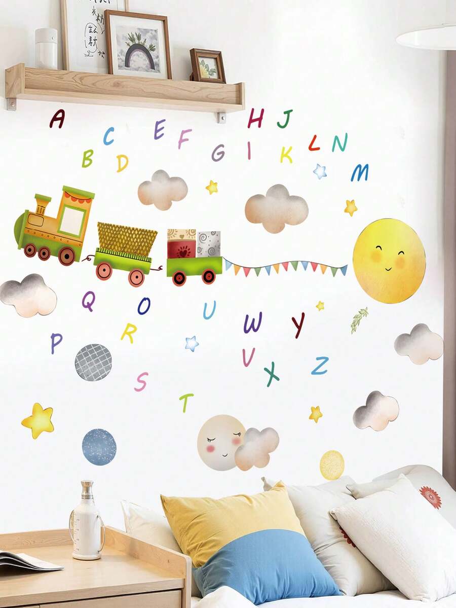 卡通水彩英文字母 A-Z 小火車早教牆貼，微笑黃色太陽、雲朵與星星，DIY 可撕貼乙烯基貼紙，適用兒童臥室、育嬰室、遊戲室、幼兒園教室、早教中心牆面裝飾 - ZC2011-字母認知 - 查看 1