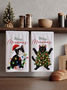 2pcs Fun Cat & Christmas Decor Pattern Kitchen Towels, 40*60cm Soft Microfiber Tea Towels, Suitable For Home Kitchen Restaurant Outdoor Camping Tabletop Cleaning Dish Cloth Hand Towel Accessories Merry Meowmas Christmas Theme Kitchen Decor Fabric Wiping Towels Holiday Gift - Multicolor - View 5