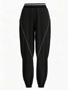 Celana Jogging Wanita FLEXCHIC Motif Bintang Bordir dengan Tali Serut di Pinggang, Cocok untuk Aktivitas Luar Ruangan, Kasual, dan Sehari-hari, Warna Hitam Musim Semi/Musim Gugur - Hitam - View 3