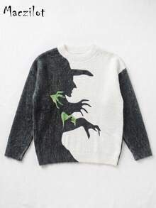 Plus Size Women's Autumn/Winter 3D All-Over Print Halloween Witch Pattern Knit Sweater, Loose Fit Flattering Concealing Round Neck Long Sleeve Pullover Party Top - Black and White - View 7