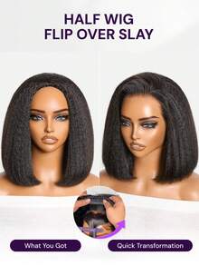 MEGALOOK Wig Setengah 3-in-1, Bob Lurus Keriting, 100% Rambut Manusia, Wig Tali Serut Elastis Tanpa Lem, Kepadatan 200%/250%, Warna Alami, Tampilan Alami, Pemakaian Sehari-hari, Ramah untuk Pemula - SNatural - View 7
