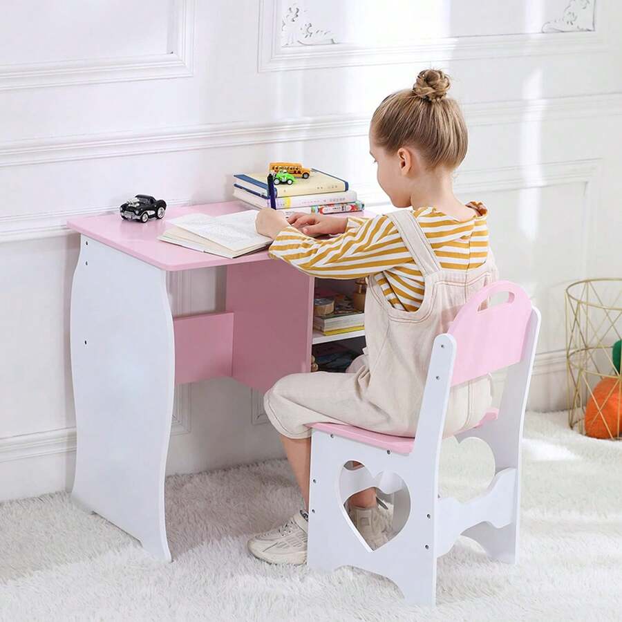 Kids Desk And Chair Set, Wooden Children Study Table With Stool, Storage Shelves, School Students Workstation For Studying, Reading And Drawing - Pink - View 1