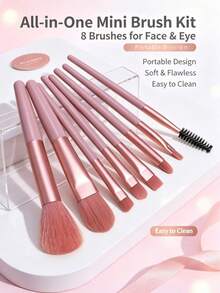 Pink Mini 8pcs Makeup Brush Set Travel Portable Face Eye Makeup Brushes For Beginners - Multicolor - View 7
