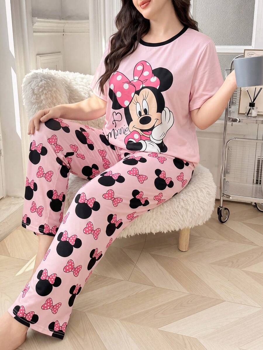Disney 2 Pieces Plus-Size Pink Pajama Set For Women, Featuring A Mickey And Minnie Mouse Print Top And Pajama Pants, Casual Loungewear. - Multicolor - View 1