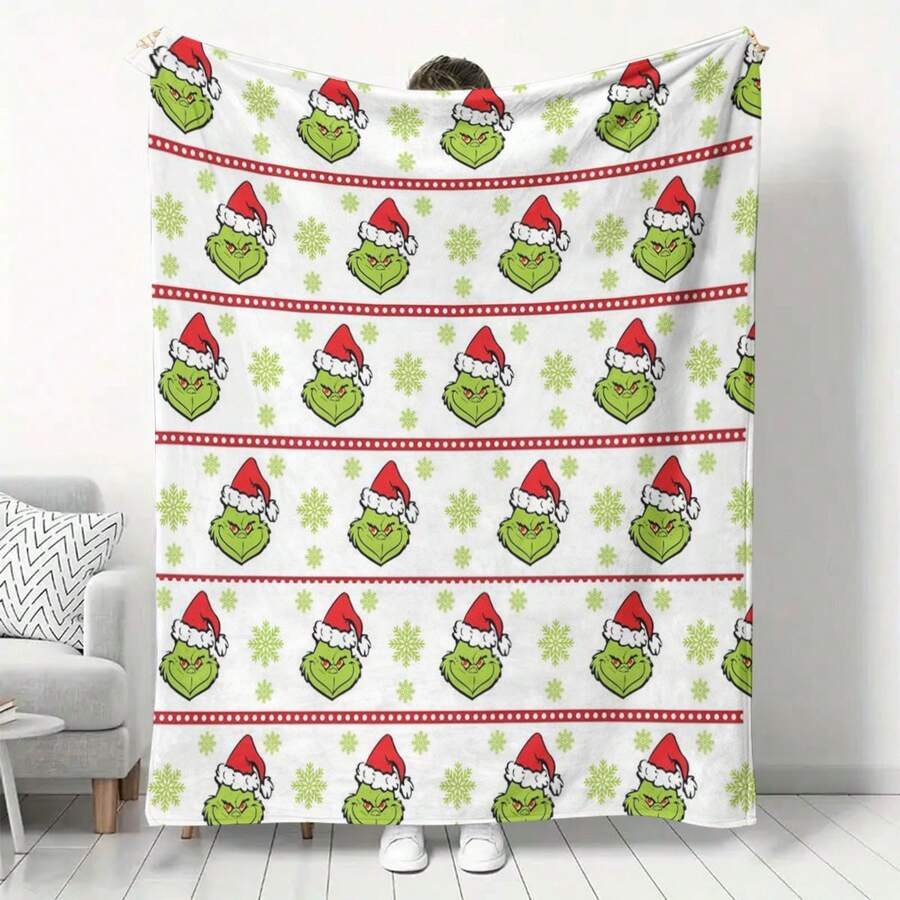 The Grinch 1件裝聖誕角色印花毯,柔軟法蘭絨沙發臥室節日裝飾披毯 - 多色 - 查看 1