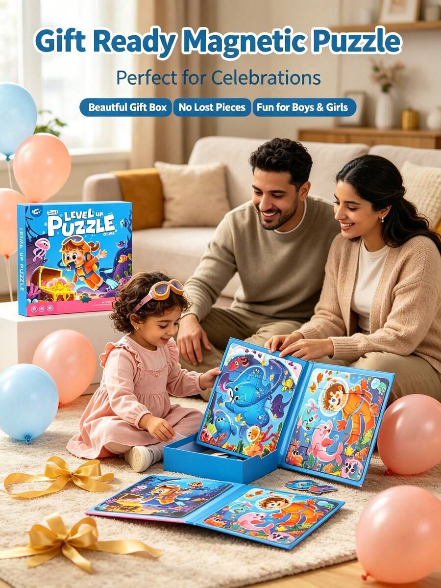 3-Fold Book-Style Magnetic Progressive Puzzles, Designed For 1-3 Year Old Toddlers, 3 Difficulty Levels 12/16/20 Pieces Progressively, Large Magnetic Pieces Easy To Assemble, Book-Style Folding Storage, Convenient For Travel. Animal, Dinosaur, Ocean, Transportation, Fairy Tale Multiple Fun Themes, Develop Baby's Fine Motor Skills, Concentration And Graphic Cognition. Exquisite Color Box Packaging, Home Early Education, Travel Entertainment, Perfect Gift For Birthday, Christmas, High-Quality Children's Gift. - Multicolor - View 1
