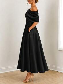Women's Elegant Solid Color Satin Asymmetrical Shoulder Short Sleeve A-Line Fashion Minimalist Dress - Black - View 4