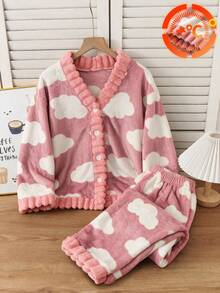 Autumn/Winter Girls Pink Flannel Cloud Print Long Sleeve Long Pants Pajama 2-Piece Set, Soft & Warm Fabric, Casual Home Wear - Pink - View 3
