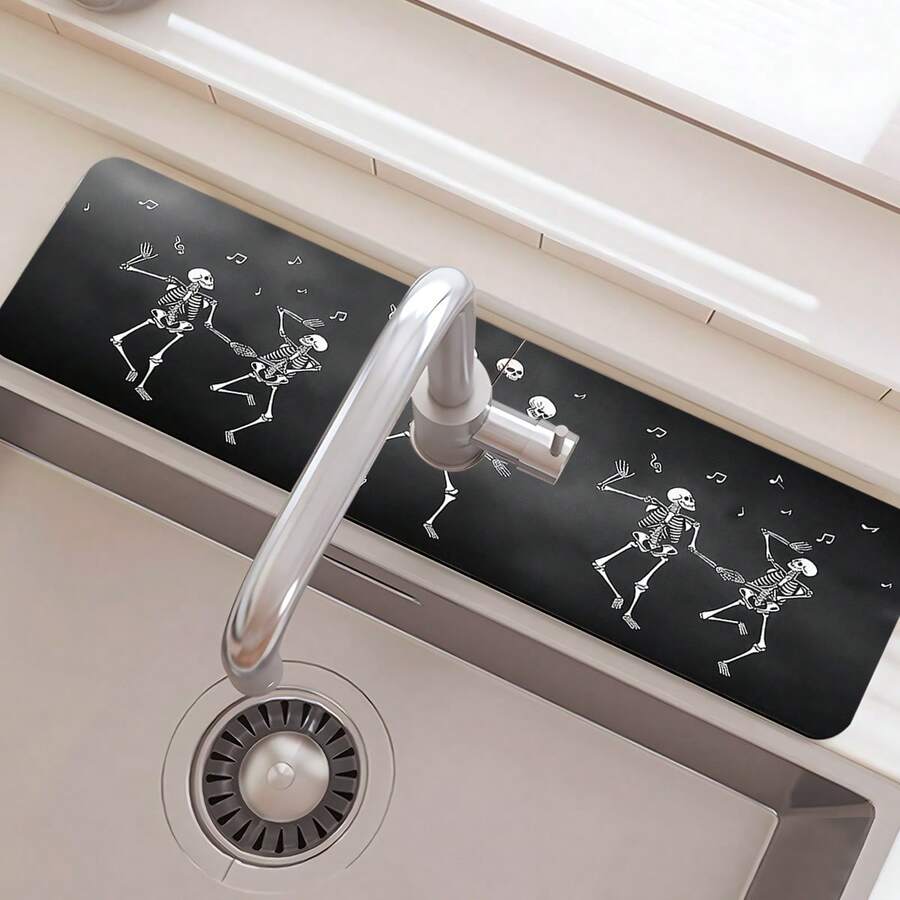 1pc Halloween Skeleton Pattern, Sink Faucet Water Absorbent Mat, Drainage Mat, Suitable For Kitchen, Bathroom Sink, Countertop, Drainage Mat, Diatomaceous Earth Material, Trimmable, Quick-Dry Mat - Multicolor - View 1