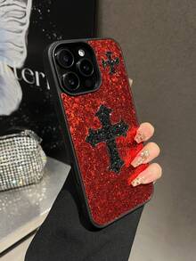 1pc Red Leather Glitter Cross Color Block Anti-Drop Spray Painted Phone Case Suitable For 18promax/17promax - Red - View 6
