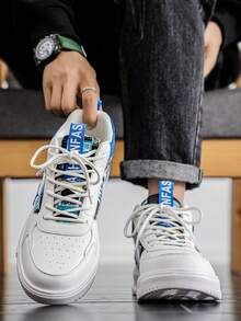 Men's Random Print Pattern Patchwork Atmosphere Ribbon High-Top Sneakers, Fashionable Daily Comfortable Versatile Casual Sports Couple Shoes - White and Blue - View 9