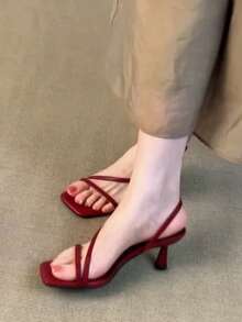 New Bow Back Strap High Heel Shoes Women Summer Outdoor Wear One-Strap Elegant Open Toe Square Toe Sandals - Burgundy - View 3