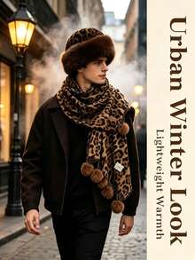 Winter Leopard Print 2 Pieces Set: Thick Leopard Print Faux Fur Earflap Hat, Paired With Matching Color Pom Pom Leopard Print Scarf. Made Of Thick Fleece Material, Windproof And Warm, Lightweight And Comfortable, Ear Protection Design, Keeps You Warm All Over - Multicolor - View 10