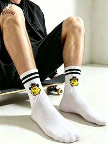 1/5/9 Pasang Kaos Kaki Pria Motif Kartun Bebek Kuning Lucu Setengah Betis Garis-garis Kasual Olahraga Streetwear Kaos Kaki Pasangan - MultiWarna - View 4