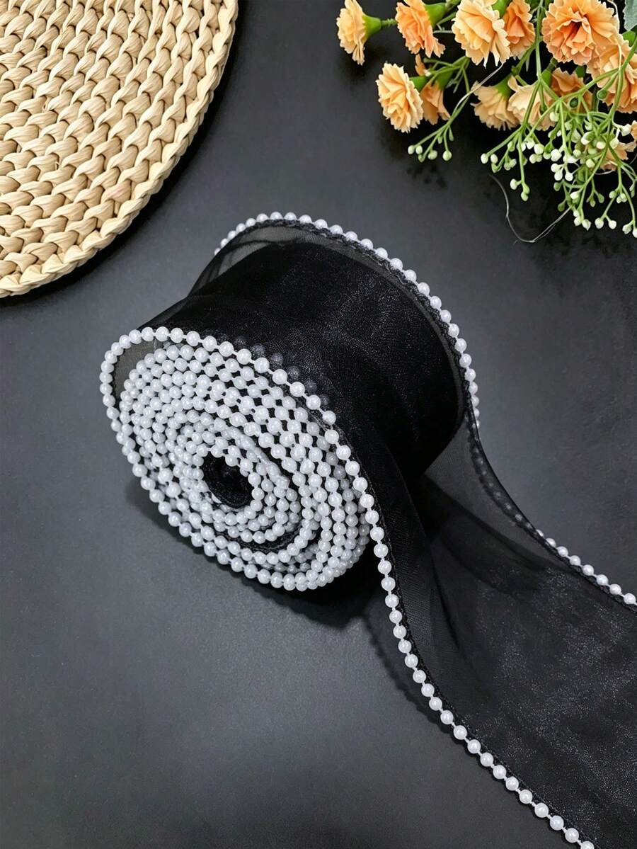 1PC/3PCS/5PCS Pearl Edge Mesh Ribbon, Exquisite Locked Edge Tulle Ribbon, Multiple Colors Available, Floral Bouquet Packaging, Gift Box Bow DIY Handmade Accessories, Atmospheric Decorative Ribbon - Transparent - View 1