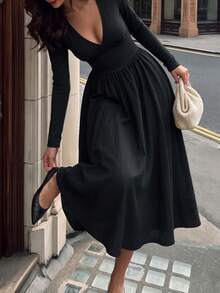 Women Fall Black Deep V Long Sleeve Midi Dress, Ruched Bust High Waist Flared Swing Elegant Slim Fit Long Dress - Black - View 6