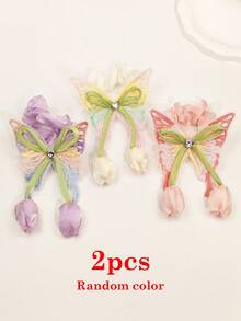 1/2pcs Embroidered Mesh Butterfly Scrunchie With Rhinestone Heart Decor And Tulip Pendant, Gentle Hair Tie For Girls - Multicolor - View 12
