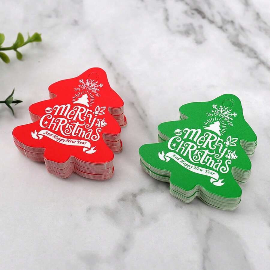 100pcs Christmas Tree Shaped Gift Tags - Christmas Greetings Holiday Decoration Stickers, Christmas Gift Cards DIY Handmade Accessories - Multicolor - View 1