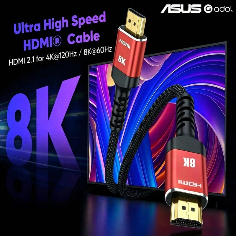 ASUS HDMI To HDMI Data Cable, HDTV Cable Supporting 8K@60Hz And 4K@120Hz And 2K@240Hz, Used For Video Transmission, Screen Expansion, Can Be Connected To PCs, Laptops And TVs, With High-Definition Picture Quality Without Lag, Plug-And-Play - View 1