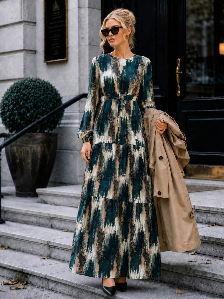 Plus Size Navy Blue Abstract Print Tie-Waist Maxi Dress With Long Sleeve