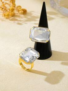 2pcs/Set Elegant Vintage Luxury Inlaid White Rectangular Rhinestone Women's Ring Set, Suitable For Gift, Party, Daily Wear - Rectangular White - View 3