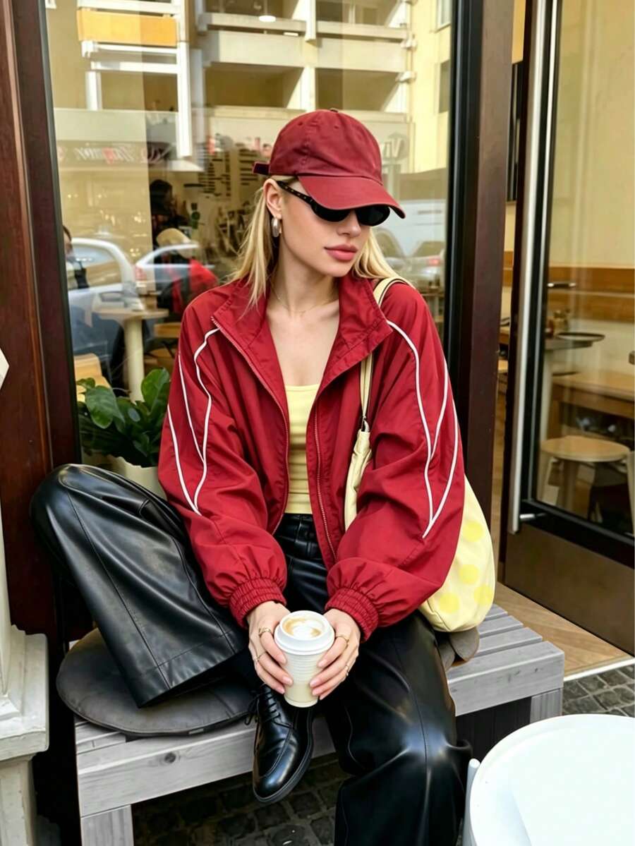Women's American Retro Red Casual Sports Jacket, Minimalist Street Style, Design-Driven White Stripes, Drawstring Hem, Youthful Fashion, Sports Commute, Daily Versatile - Red - View 1
