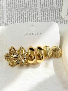 1 Pair - 9 Pairs Gold Multi-Style Earrings Set, Floral, Shell, Square Design, Resin Material, Suitable For Women To Easily Match Various Outfits. - Yellow Gold - View 10