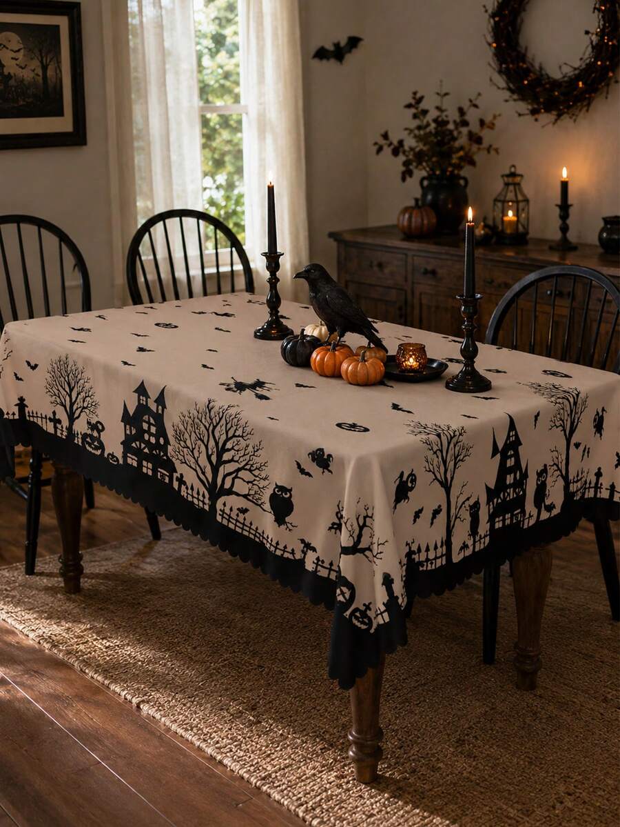 1pc Halloween Haunted House Polyester Tablecloth, Beige Background With Black Castle, Bare Tree, Witch, Bat, Pumpkin And Owl Border Print Rectangular Table Cover For Halloween Party And Holiday Home Decor - Multicolor - View 1