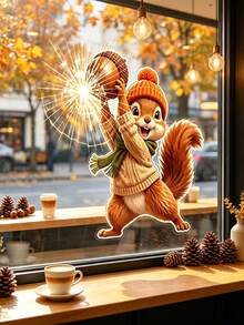 Playful Squirrel Throwing Pinecones At The Window-Static-Cling Window Decal; Suitable For Shop Windows And Home Windows To Create An Autumnal Atmosphere; Made Of Reusable PVC Material. - Multicolor - View 1